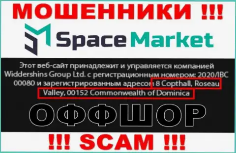 Крайне рискованно совместно работать, с такого рода аферистами, как компания Space Market, т.к. прячутся они в оффшорной зоне - 8 Coptholl, Roseau Valley 00152 Commonwealth of Dominica