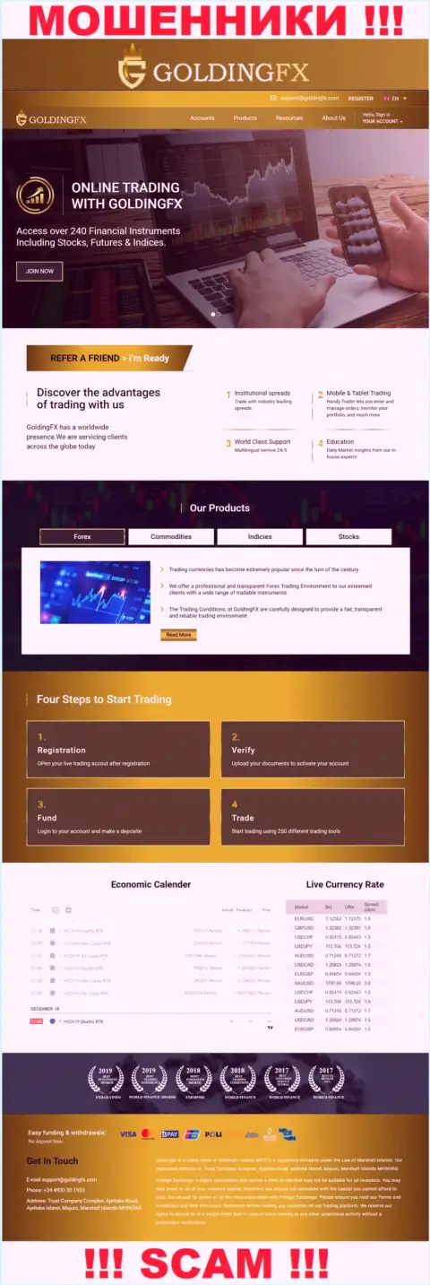 Официальный веб-сервис мошенников Golding FX, заполненный сведениями для лохов