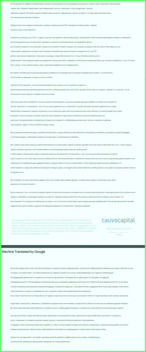 Документ уведомления о рисках Форекс-компании CauvoCapital