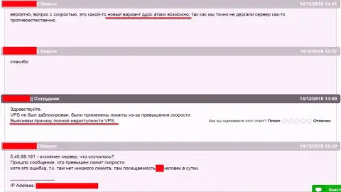 Диалог со службой тех обслуживания хостинговой компании, где располагался web-ресурс ffin.xyz по ситуации с нарушением в работе веб-сервера